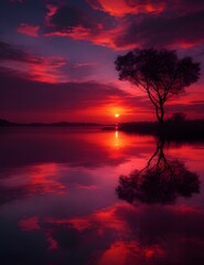 Fototapeta na wymiar AI generated illustration of a tranquil landscape with a lake reflecting a vibrant pink sunset