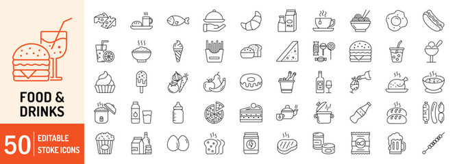 Food and Drink editable stroke outline icons set. Food, drink, chicken, cocktail, beverage, dessert, bakery, alcohol and cookies. Vector illustration