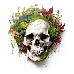 An assortment of colorful plants arranged in a circular pattern with a Skull