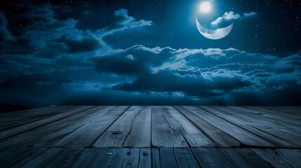 backgrounds night sky with stars and moon and clouds. wood. : Generative AI