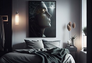 bedroom interior with mock up of a poster. Generative AI