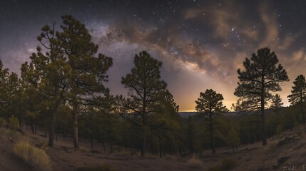 The Milky Way rises over the pine trees on a foreground : Generative AI