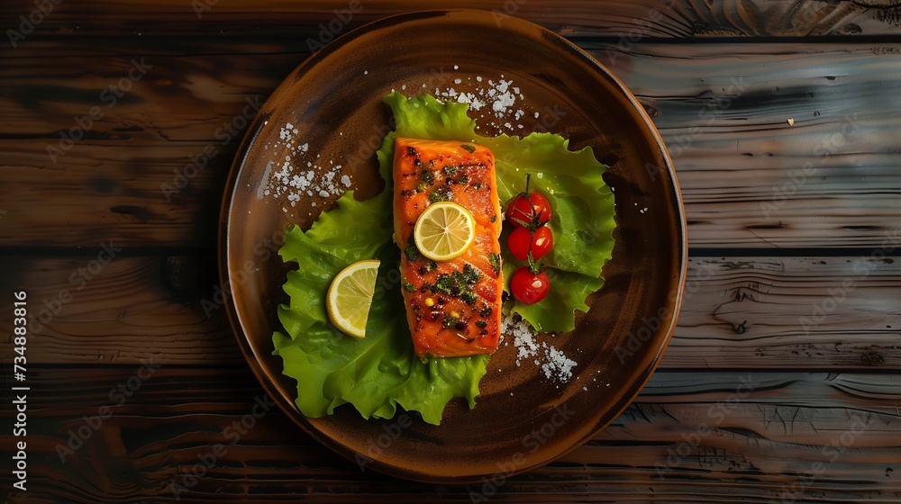 Wall mural One piece of baked salmon grilled pepper lemon and salt on a brown plate with lettuce leaves. wood background : Generative AI