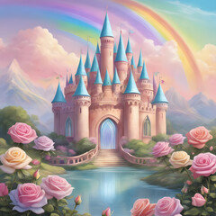 Pastel castle roses fantasy art.	