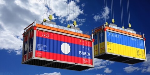 Shipping containers with flags of Laos and Ukraine - 3D illustration