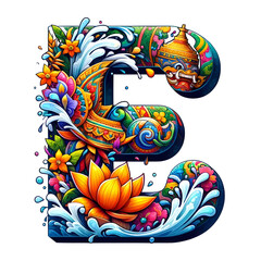The Letter E comes in a Songkran clip art theme on a white background.