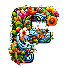 The Letter F comes in a Songkran clip art theme on a white background.
