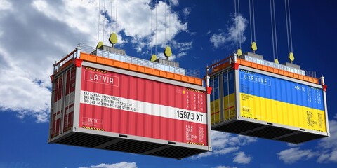 Shipping containers with flags of Latvia and Ukraine - 3D illustration