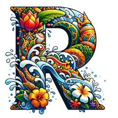 The Letter R comes in a Songkran clip art theme on a white background.