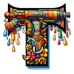 The Letter T comes in a Songkran clip art theme on a white background.