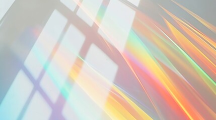 Blurred rainbow light refraction texture overlay effect for photo and mockups. Organic drop diagonal holographic flare on a white wall. Shadows for natural light effects : Generative AI - obrazy, fototapety, plakaty