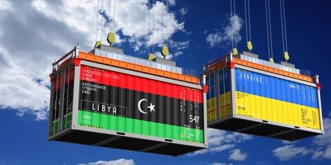 Shipping containers with flags of Libya and Ukraine - 3D illustration