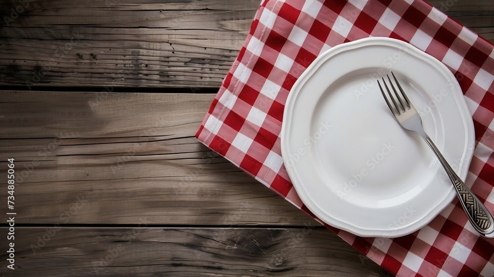 Poster white plate and fork on old wooden table with red checked tablecloth and copyspace : Generative AI