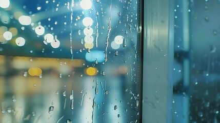 rain drop on clear glass window, reflection of blurred airport terminal and light bokeh from outside, beautiful color abstract for background : Generative AI
