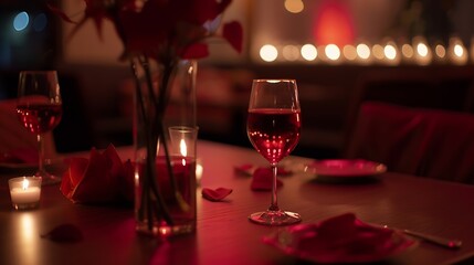 romantic dinner setup, red decoration with candle light in a restaurant. Selective focus. : Generative AI