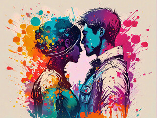 Colorful inksplash art of a couple in love.
