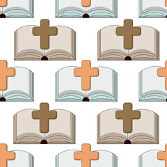 Seamless pattern with Open Book Bible with a cross