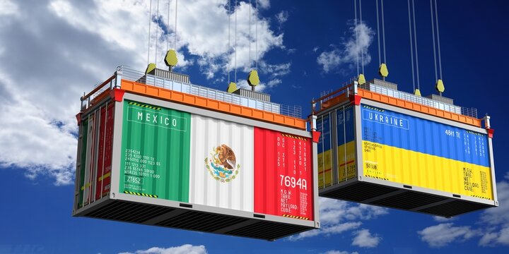 Shipping containers with flags of Mexico and Ukraine - 3D illustration