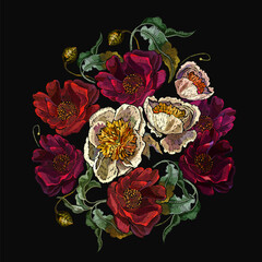 Bouquet of yellow peonies and red roses flowers. Floral fashion template for clothes, t-shirt design, print. Spring and summer embroidery style