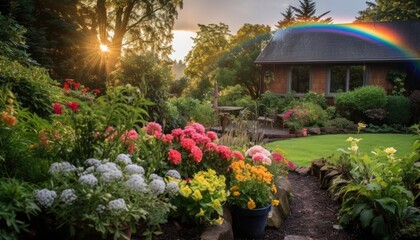Fototapeta na wymiar A Garden With a Rainbow in the Background