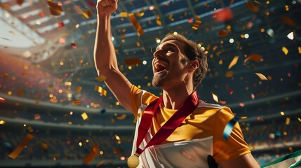 A happy male athlete with a gold medal stands at the stadium, a well-deserved victory and recognition of joyful fans, an Olympic champion