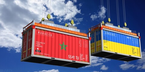 Shipping containers with flags of Morocco and Ukraine - 3D illustration