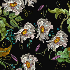 White chamomile flowers. Embroidery. Spring and summer floral art. Fashion seamless pattern. Garden template for clothes, t-shirt design