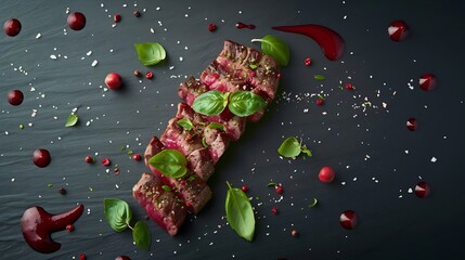 Gourmet grilled steak flavoured with pink pepper and basil. Concept for a tasty and healthy meal. : Generative AI