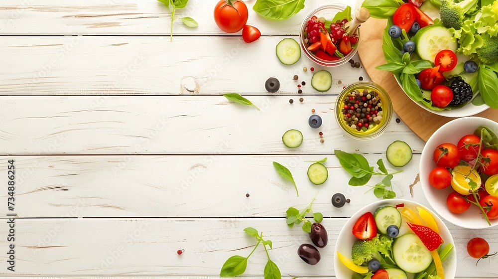 Poster fresh salad with fruits and greens on white wooden background top view with space for text. healthy 