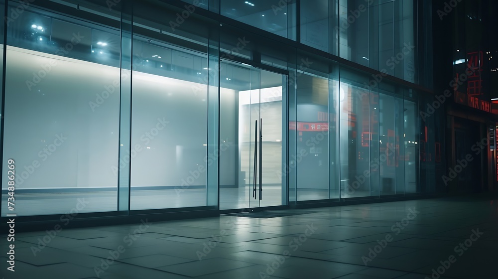 Poster Front view on blank light wall background in empty shop window with place for your product presentation behind glass walls with night city reflection in modern building outdoors. : Generative AI
