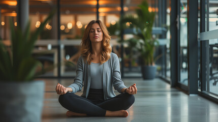woman relaxing on yoga in office,ai - obrazy, fototapety, plakaty