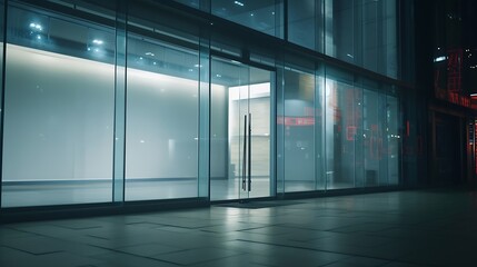 Front view on blank light wall background in empty shop window with place for your product presentation behind glass walls with night city reflection in modern building outdoors. : Generative AI - obrazy, fototapety, plakaty
