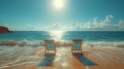 Imaginative tropical landscape. Chairs on the sand beach near the sea. Summer vacation concept.
