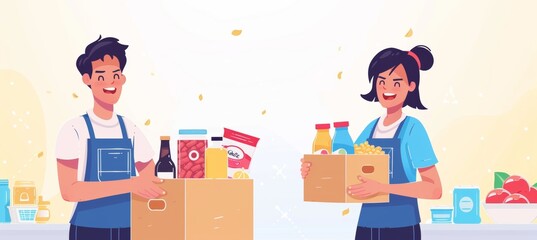 Volunteer collecting grocery products for donation   charity concept with copy space