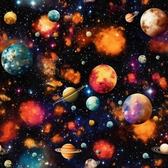 Obraz na płótnie Canvas AI generated illustration of multiple planets surrounded by colorful clouds and stars