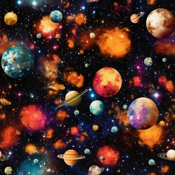 AI generated illustration of multiple planets surrounded by colorful clouds and stars © Wirestock