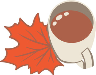 Hand drawn illustration of cup with fall autumn leaves. Orange leaf foliage, nature cozy atmosphere, drink beverage mug, brown beige coffee tea, hygge breakfast still life art print.