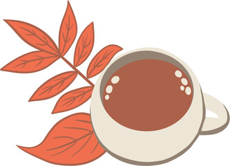 Hand drawn illustration of cup with fall autumn leaves. Orange leaf foliage, nature cozy atmosphere, drink beverage mug, brown beige coffee tea, hygge breakfast still life art print.
