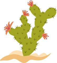 Hand drawn illustration of green desert cactus with orange flowers in sand. Nature plant botanical art, cacti natural tree, western style succulent, mexican flower cartoon minimalist clipart.
