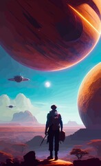 AI generated man standing on landscape surrounded by mountains and planets