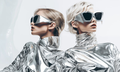 Futuristic Elegance: Fashion Models in Striking Silver.