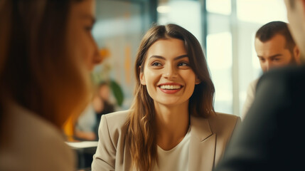 Portrait of smiling young businesswoman at business meeting