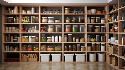 home storage area organize management home interior design pantry shelf and storage for store food and stuff in kitchen home design concept
 - obrazy, fototapety, plakaty