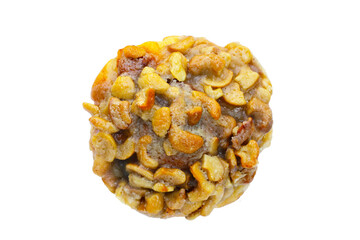 Butterscotch bread with raisin filling, topped with caramel-coated cashew nuts.