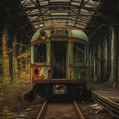 AI generated illustration of an abandoned train station with rusty tracks and dilapidated train car - obrazy, fototapety, plakaty