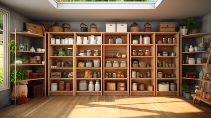 home storage area organize management home interior design pantry shelf and storage for store food and stuff in kitchen home design concept
