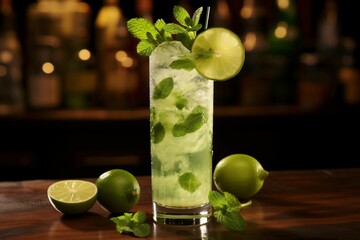 AI generated illustration of a refreshing, icy cold virgin mojito cocktail with slices of lime