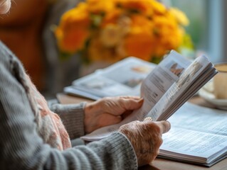 A person browsing through brochures for retirement communities, exploring options for downsizing and relocation