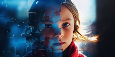 Young Girl and Puzzle Pieces, blue background. World Autism Awareness Day or month concept for April 2. Colorful puzzles, symbol of awareness for autism spectrum disorder