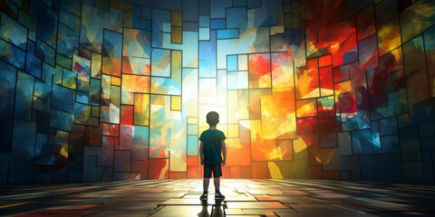 Child Alone Gazing at a Colorful Abstract World Through a Window. World Autism Awareness Day month concept. Creative design for April 2. Symbol of awareness for autism spectrum disorder,  copy space